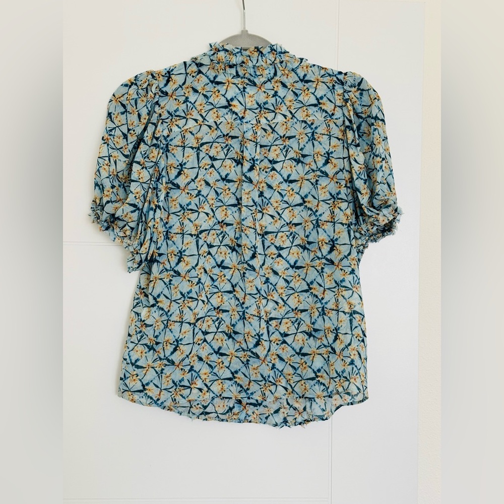 Ulla Johnson Adira Silk Puff Sleeve Button Top Blue Floral Print Poplin Size 0 - Picture 4 of 10